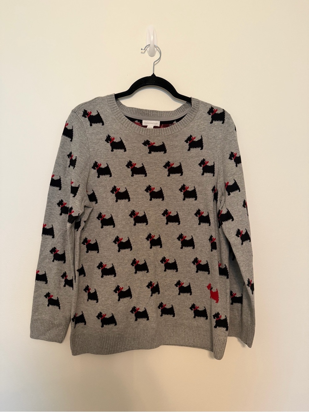 Charter Club Grey Crewneck Sweater with Black Scottie Dog Motif and Red Accents